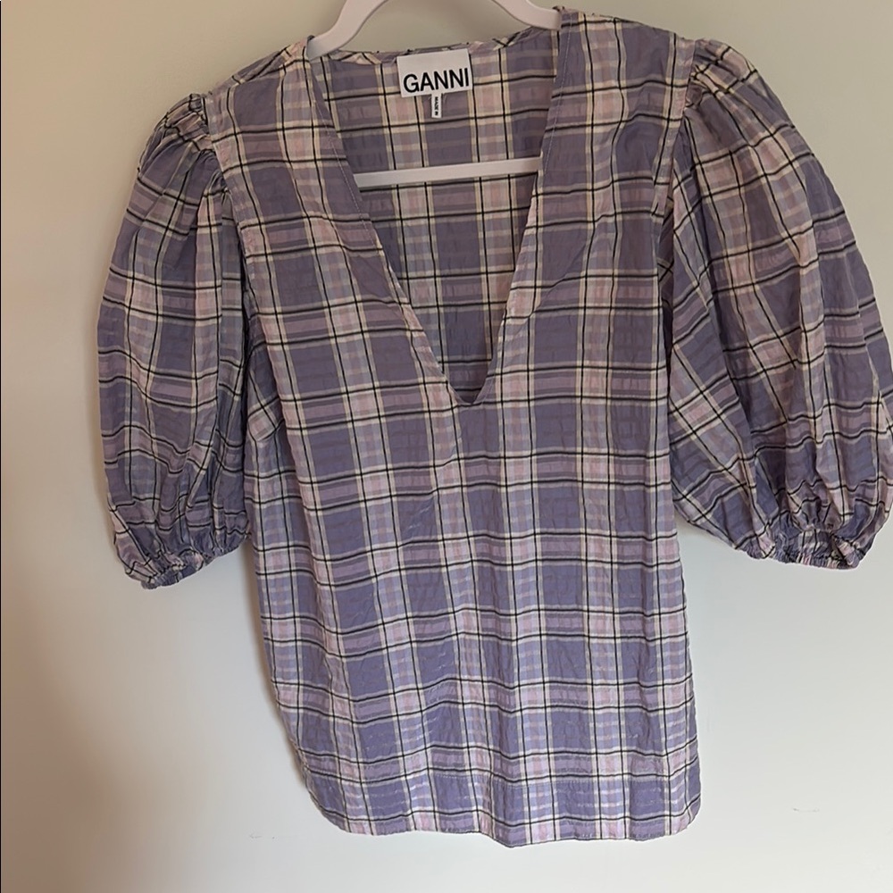 Ganni Gray and White Puff Sleeve Blouse